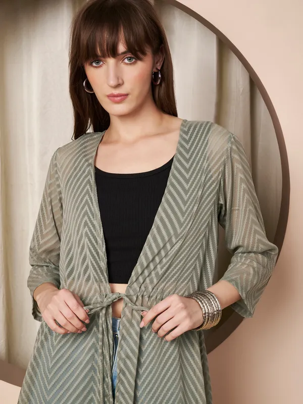 Fbella_Women�s_Olive_Green_Georgette_Longline_Shrug_�_Abstract_Chevron_Texture_with_Waist_Tie-Up