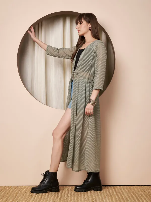 Fbella_Women�s_Olive_Green_Georgette_Longline_Shrug_�_Abstract_Chevron_Texture_with_Waist_Tie-Up