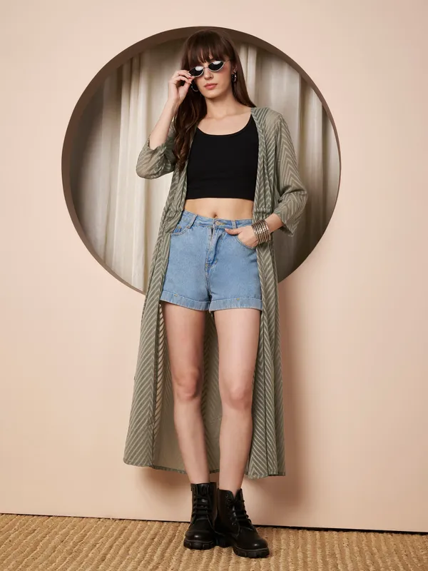 Fbella_Women�s_Olive_Green_Georgette_Longline_Shrug_�_Abstract_Chevron_Texture_with_Waist_Tie-Up