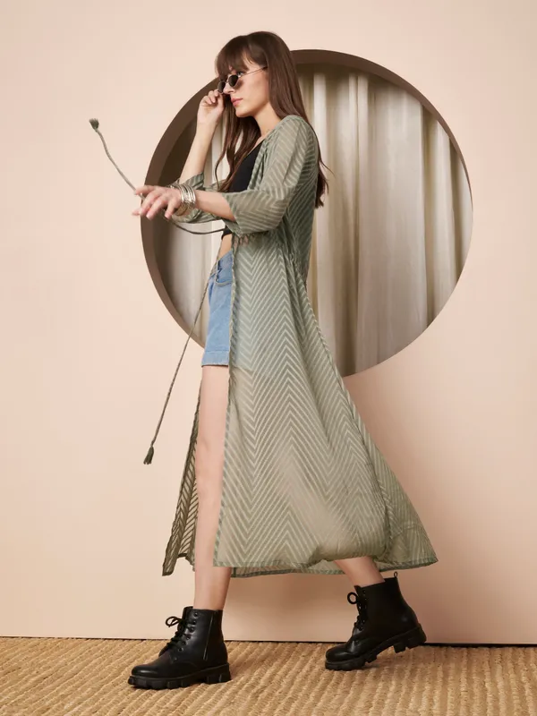 Fbella_Women�s_Olive_Green_Georgette_Longline_Shrug_�_Abstract_Chevron_Texture_with_Waist_Tie-Up