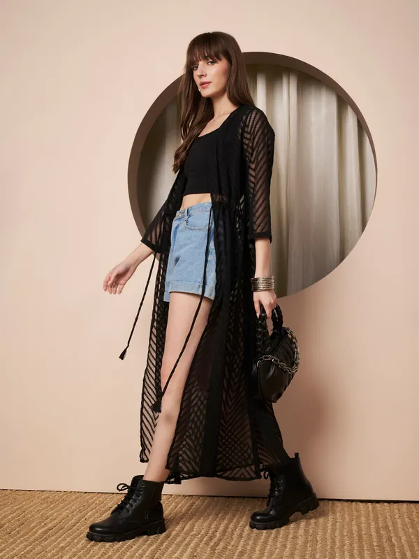 Fbella_Women�s_Black_Georgette_Longline_Shrug_�_Abstract_Chevron_Texture_with_Waist_Tie-Up