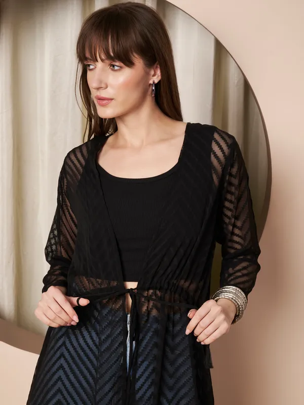Fbella_Women�s_Black_Georgette_Longline_Shrug_�_Abstract_Chevron_Texture_with_Waist_Tie-Up