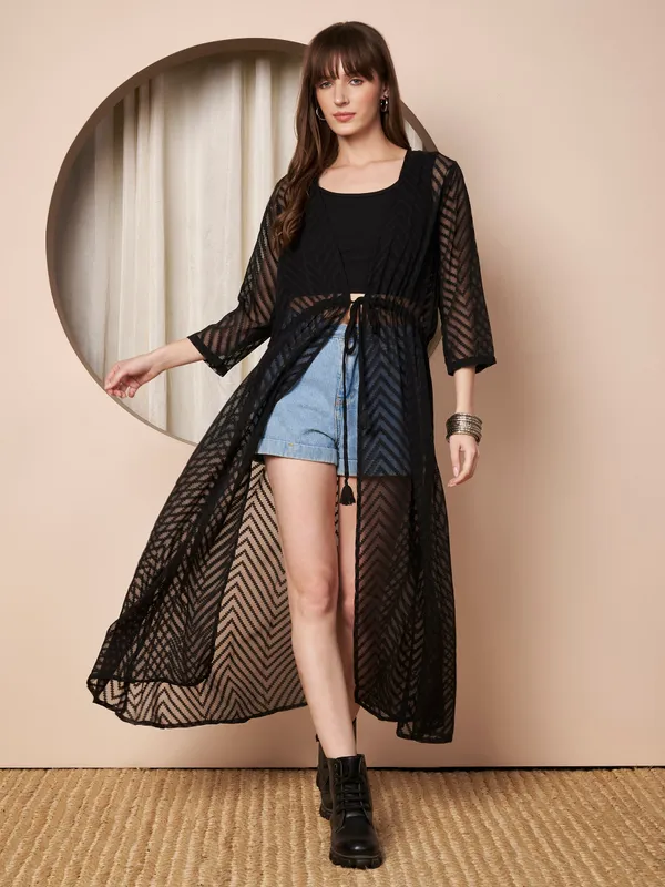 Fbella_Women�s_Black_Georgette_Longline_Shrug_�_Abstract_Chevron_Texture_with_Waist_Tie-Up