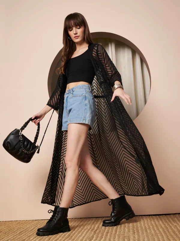 Fbella_Women�s_Black_Georgette_Longline_Shrug_�_Abstract_Chevron_Texture_with_Waist_Tie-Up
