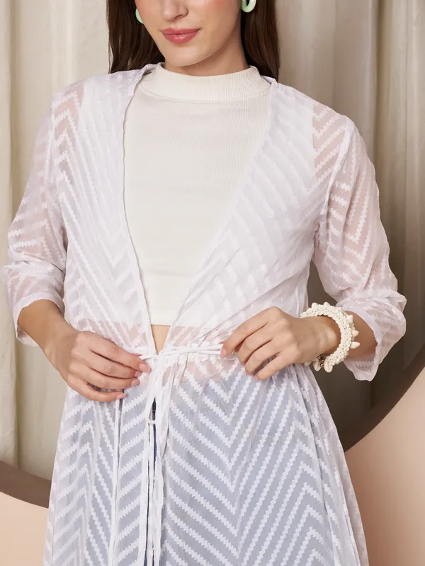 Fbella_Women�s_White_Georgette_Longline_Shrug_�_Abstract_Chevron_Texture_with_Waist_Tie-Up