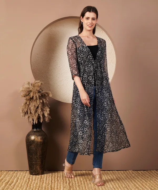 Fbella_Black_Chiffon_Floral_Butti_Long_Shrug