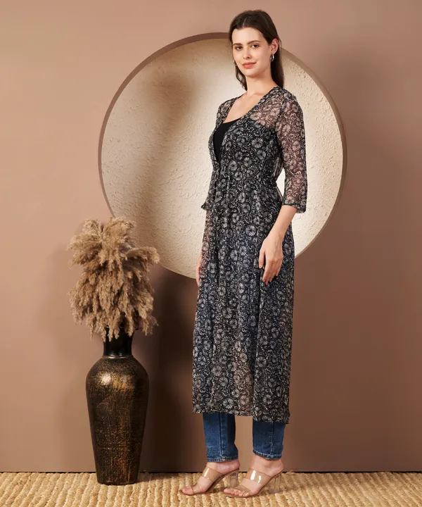 Fbella_Black_Chiffon_Floral_Butti_Long_Shrug