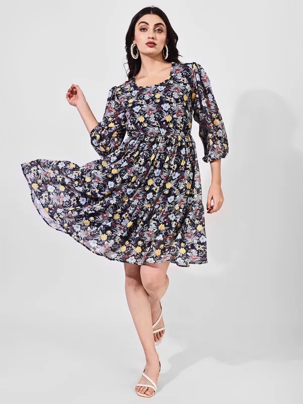 Fbella_Women_Black_Floral_Print_Puff_Sleeve_Mini_Dress
