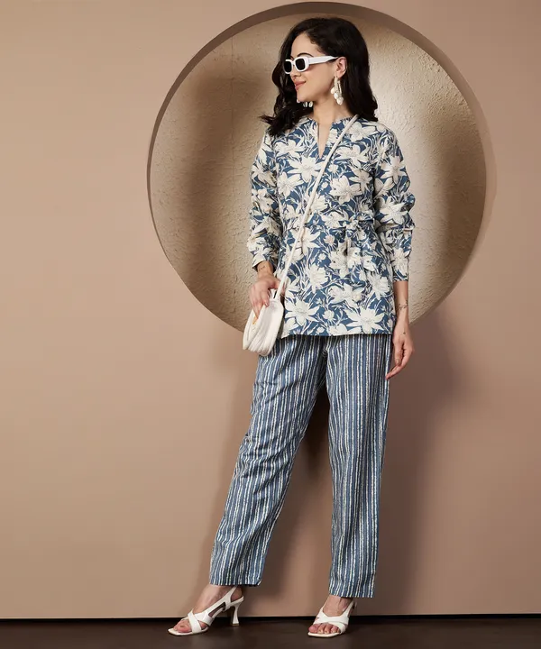 Fbella_Women_Blue_Floral_Cotton_Tie-up_Cord_Set
