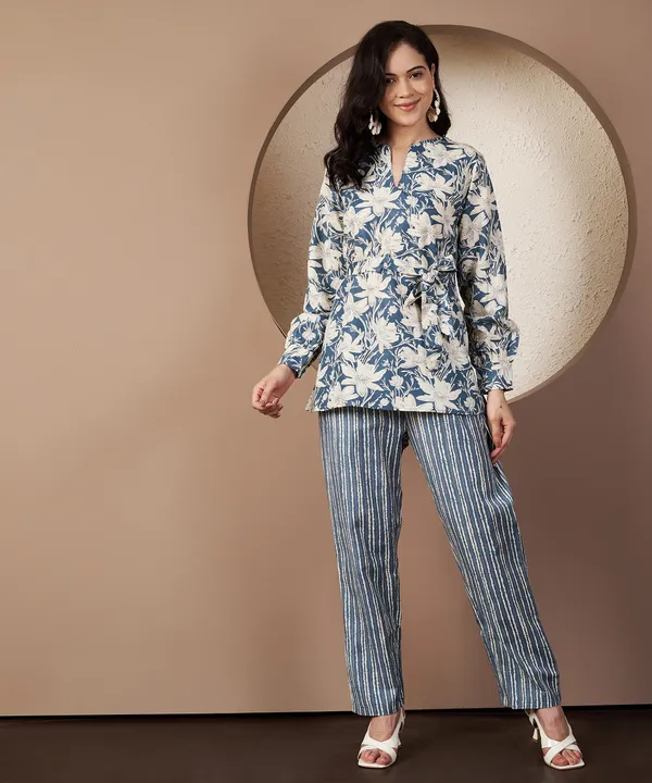 Fbella_Women_Blue_Floral_Cotton_Tie-up_Cord_Set