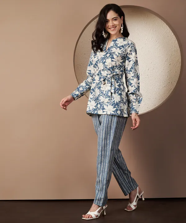 Fbella_Women_Blue_Floral_Cotton_Tie-up_Cord_Set