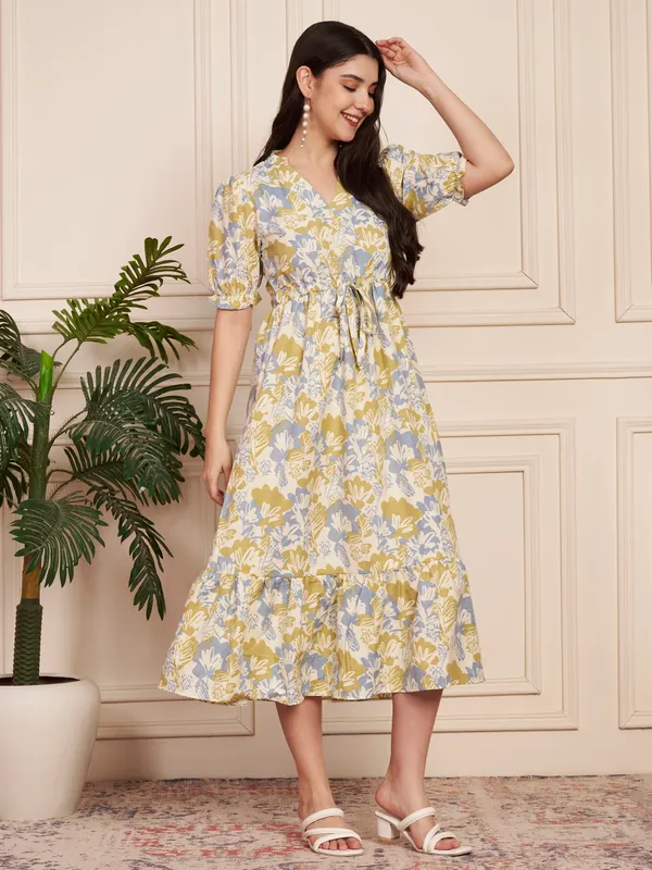 Fbella_Women_Blue_Printed_Cotton_Dress_with_Elastic_Fit_Waist_&_Puff_Sleeves