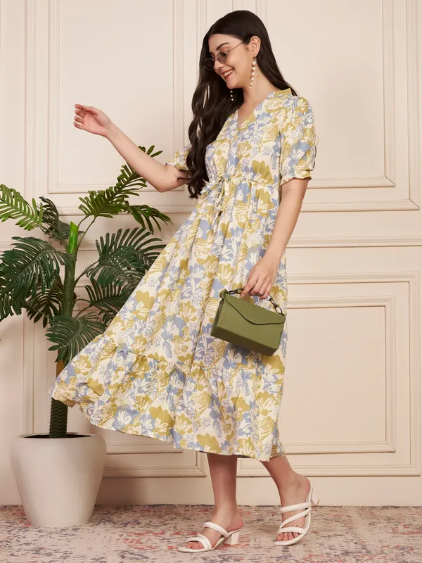 Fbella_Women_Blue_Printed_Cotton_Dress_with_Elastic_Fit_Waist_&_Puff_Sleeves