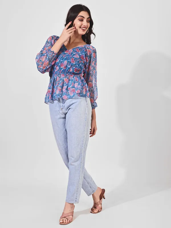 Fbella_Women_Chiffon_Blue_Peplum_Top