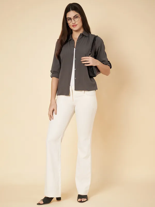 Fbella_Women_Grey_Crop_Shirt
