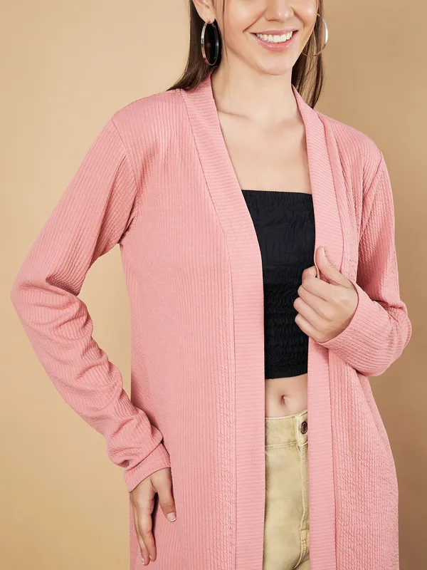Fbella_Women_Knitted_Dusty_Pink_Open_Front_Longline_Shrug