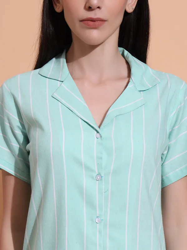 Fbella_Women_Pure_Cotton_Aqua_Green_Stripe_Night_Suit