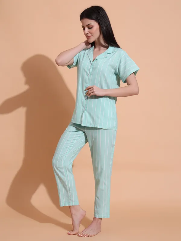 Fbella_Women_Pure_Cotton_Aqua_Green_Stripe_Night_Suit