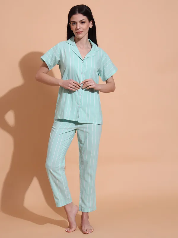 Fbella_Women_Pure_Cotton_Aqua_Green_Stripe_Night_Suit