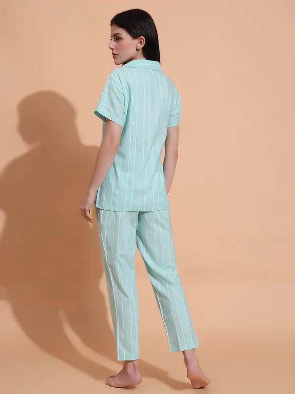 Fbella_Women_Pure_Cotton_Aqua_Green_Stripe_Night_Suit