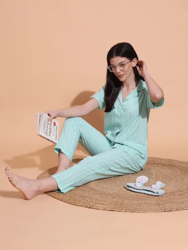 Fbella_Women_Pure_Cotton_Aqua_Green_Stripe_Night_Suit