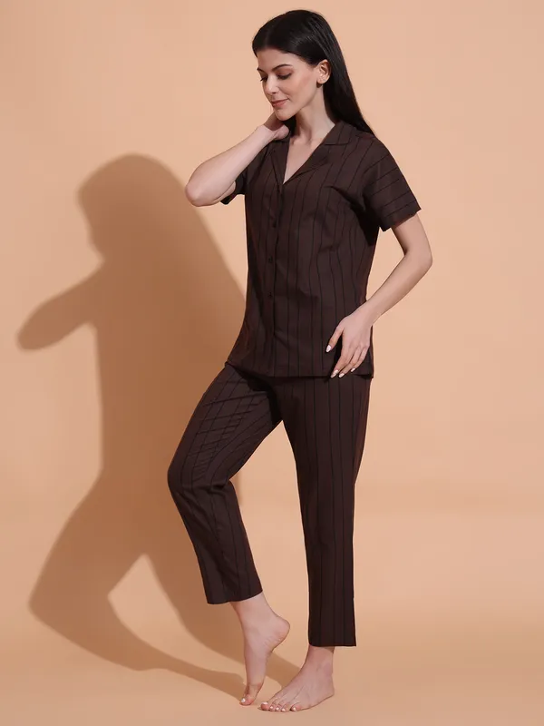 Fbella_Women_Pure_Cotton_Brown_Stripe_Night_Suit