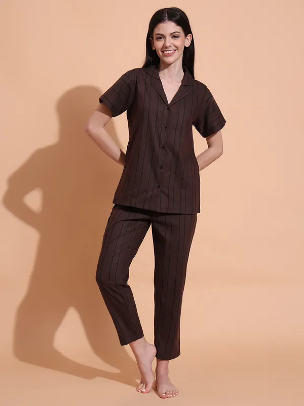 Fbella_Women_Pure_Cotton_Brown_Stripe_Night_Suit