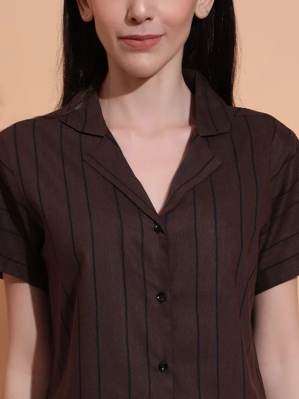 Fbella_Women_Pure_Cotton_Brown_Stripe_Night_Suit