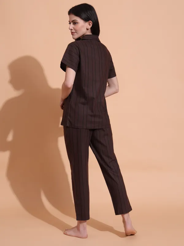Fbella_Women_Pure_Cotton_Brown_Stripe_Night_Suit