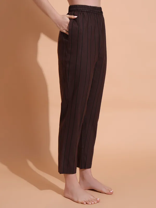 Fbella_Women_Pure_Cotton_Brown_Stripe_Night_Suit