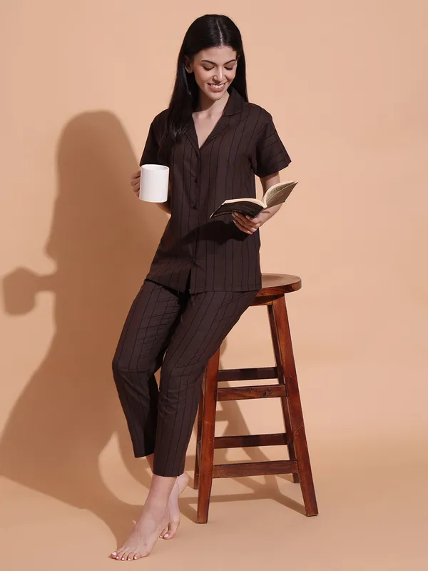 Fbella_Women_Pure_Cotton_Brown_Stripe_Night_Suit