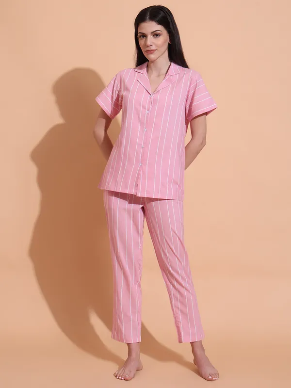 Fbella_Women_Pure_Cotton_Pink_Stripe_Night_Suit