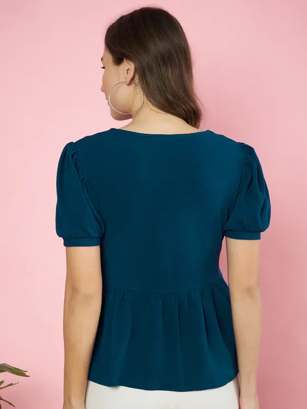 Fbella_Women_Teal_Knit_Fabric_Peplum_Top