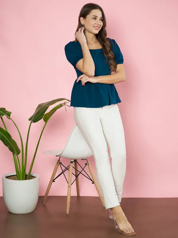 Fbella_Women_Teal_Knit_Fabric_Peplum_Top