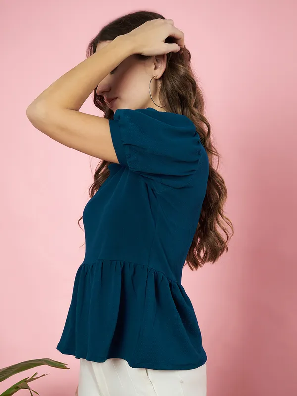 Fbella_Women_Teal_Knit_Fabric_Peplum_Top