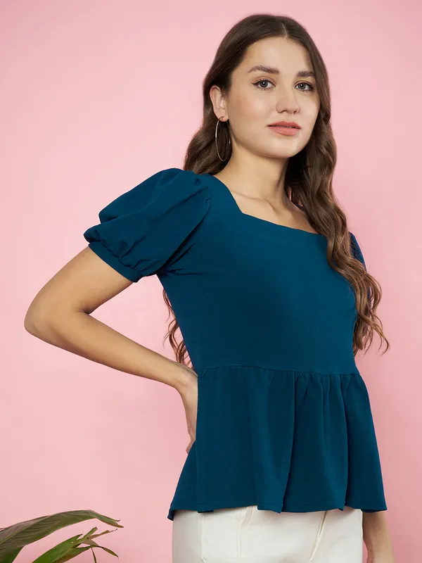 Fbella_Women_Teal_Knit_Fabric_Peplum_Top