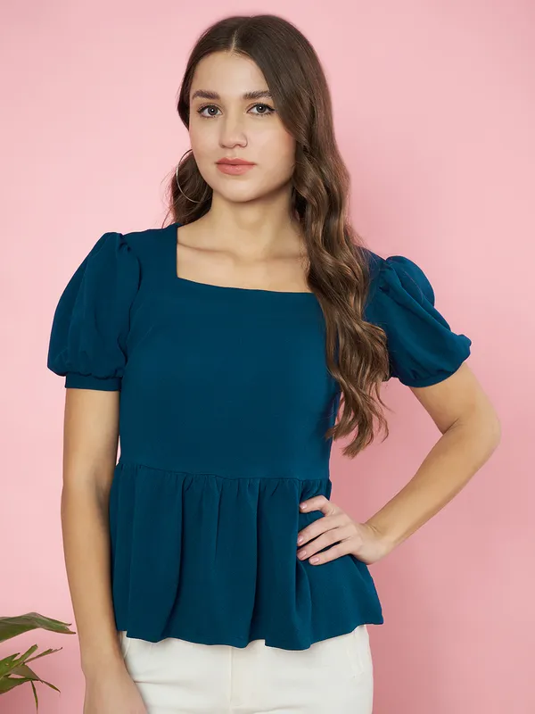 Fbella_Women_Teal_Knit_Fabric_Peplum_Top