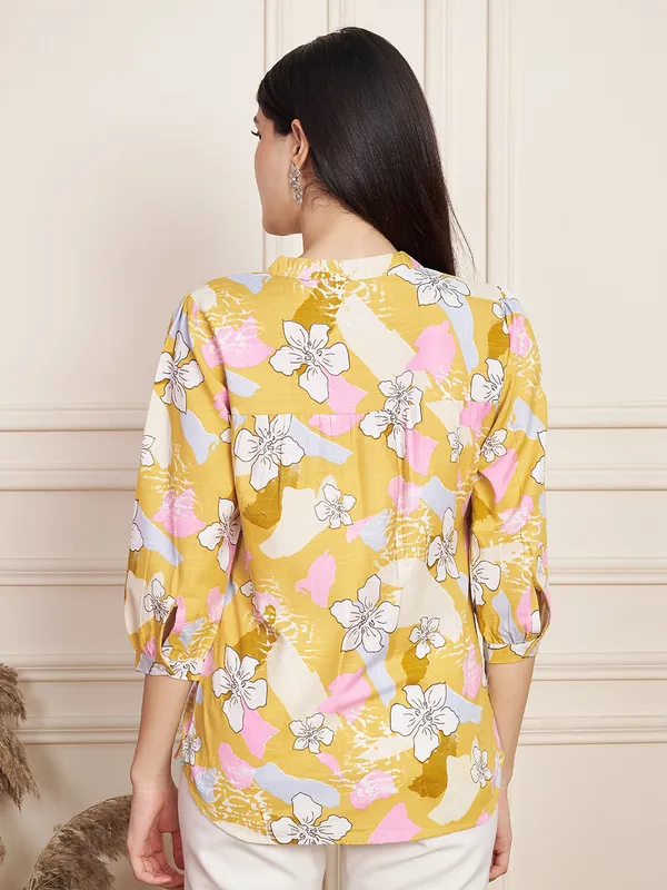 Fbella_Women_Yellow_Cotton_Slub_Floral_Top.
