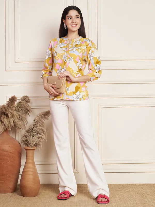 Fbella_Women_Yellow_Cotton_Slub_Floral_Top.