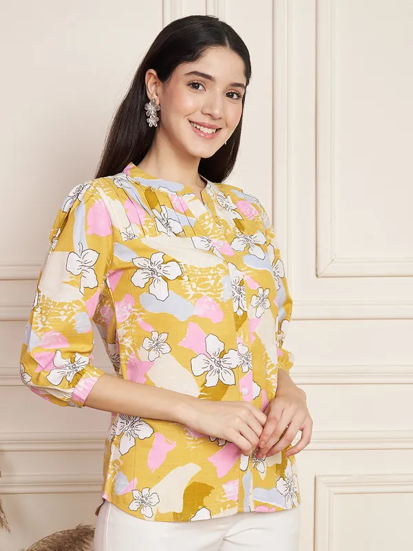 Fbella_Women_Yellow_Cotton_Slub_Floral_Top.
