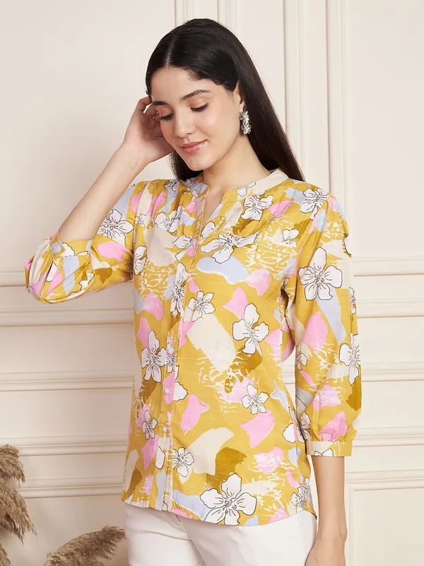 Fbella_Women_Yellow_Cotton_Slub_Floral_Top.