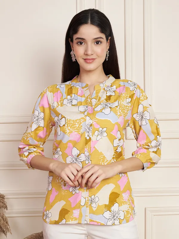 Fbella_Women_Yellow_Cotton_Slub_Floral_Top.