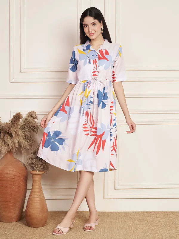 Fbella_Women’s_Cotton_Slub_Floral_Print_Midi_Dress_with_Waist_Tie