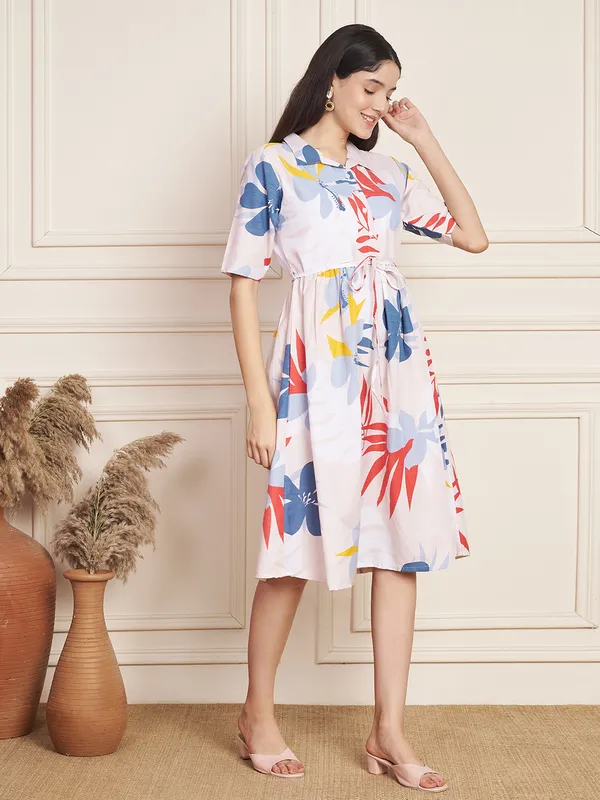 Fbella_Women’s_Cotton_Slub_Floral_Print_Midi_Dress_with_Waist_Tie