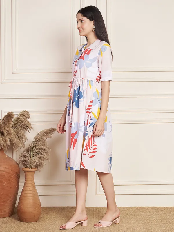 Fbella_Women’s_Cotton_Slub_Floral_Print_Midi_Dress_with_Waist_Tie