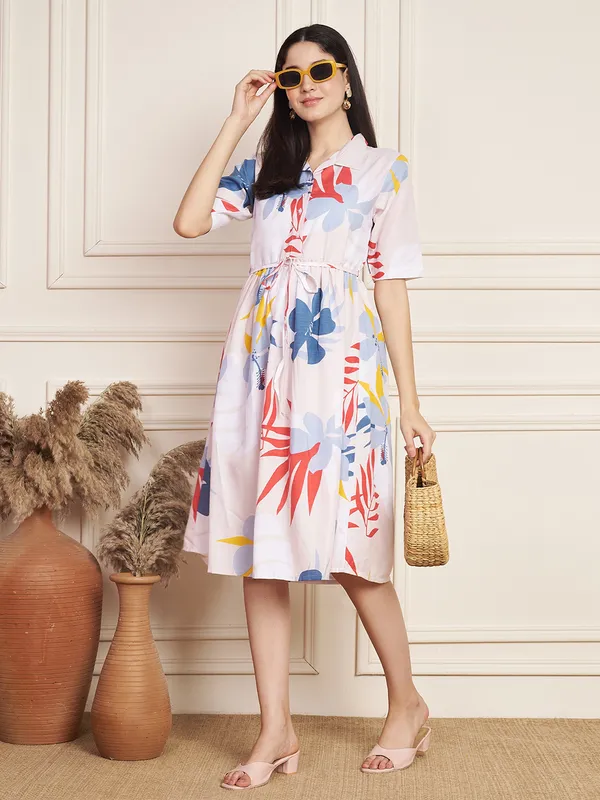 Fbella_Women’s_Cotton_Slub_Floral_Print_Midi_Dress_with_Waist_Tie