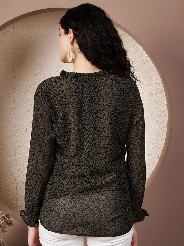Fbella_Women's_Olive_Green_Animal_Print_Chiffon_Top_with_Lycra_Lining