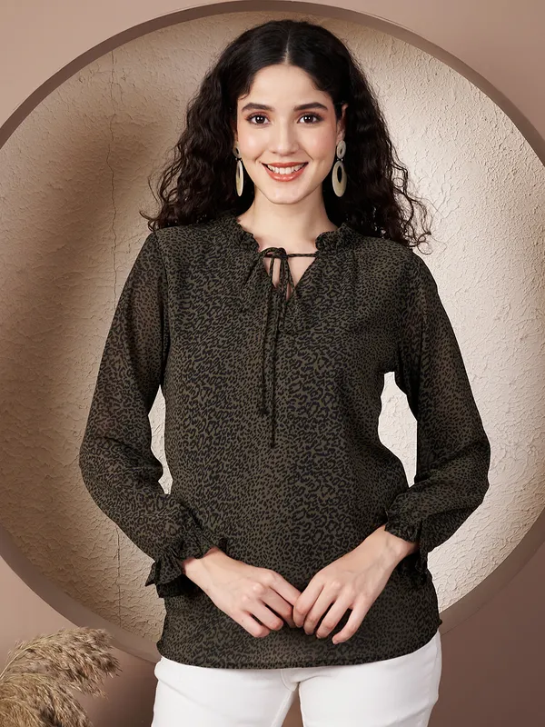 Fbella_Women's_Olive_Green_Animal_Print_Chiffon_Top_with_Lycra_Lining