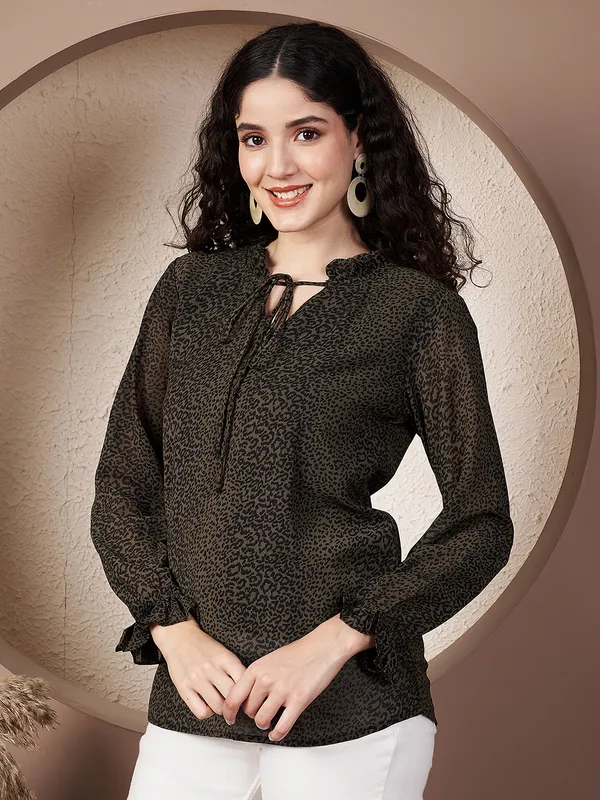 Fbella_Women's_Olive_Green_Animal_Print_Chiffon_Top_with_Lycra_Lining