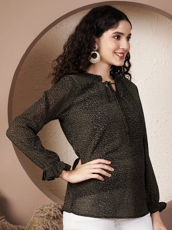 Fbella_Women's_Olive_Green_Animal_Print_Chiffon_Top_with_Lycra_Lining